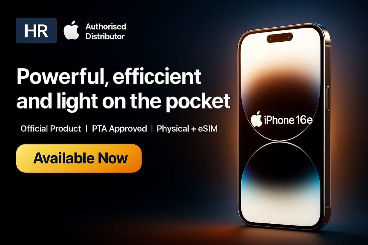iPhone 16e smartphone advertisement showing gold-colored device with HR Authorized Distributor badge, featuring 'Powerful, efficient and light on the pocket' tagline with Available Now button