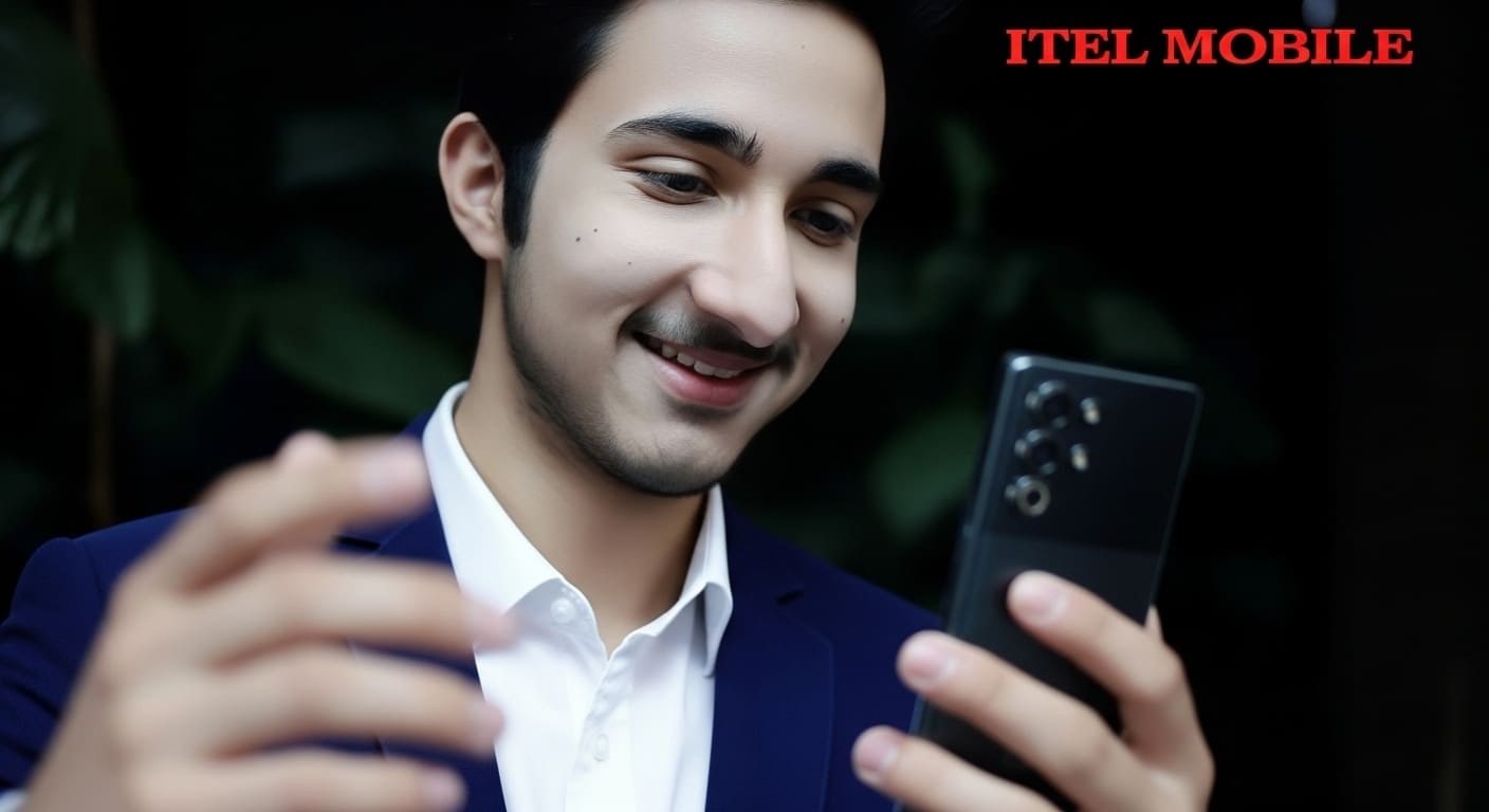 Young businessman in blue suit jacket smiling while taking selfie with black smartphone, ITEL Mobile branding visible in corner