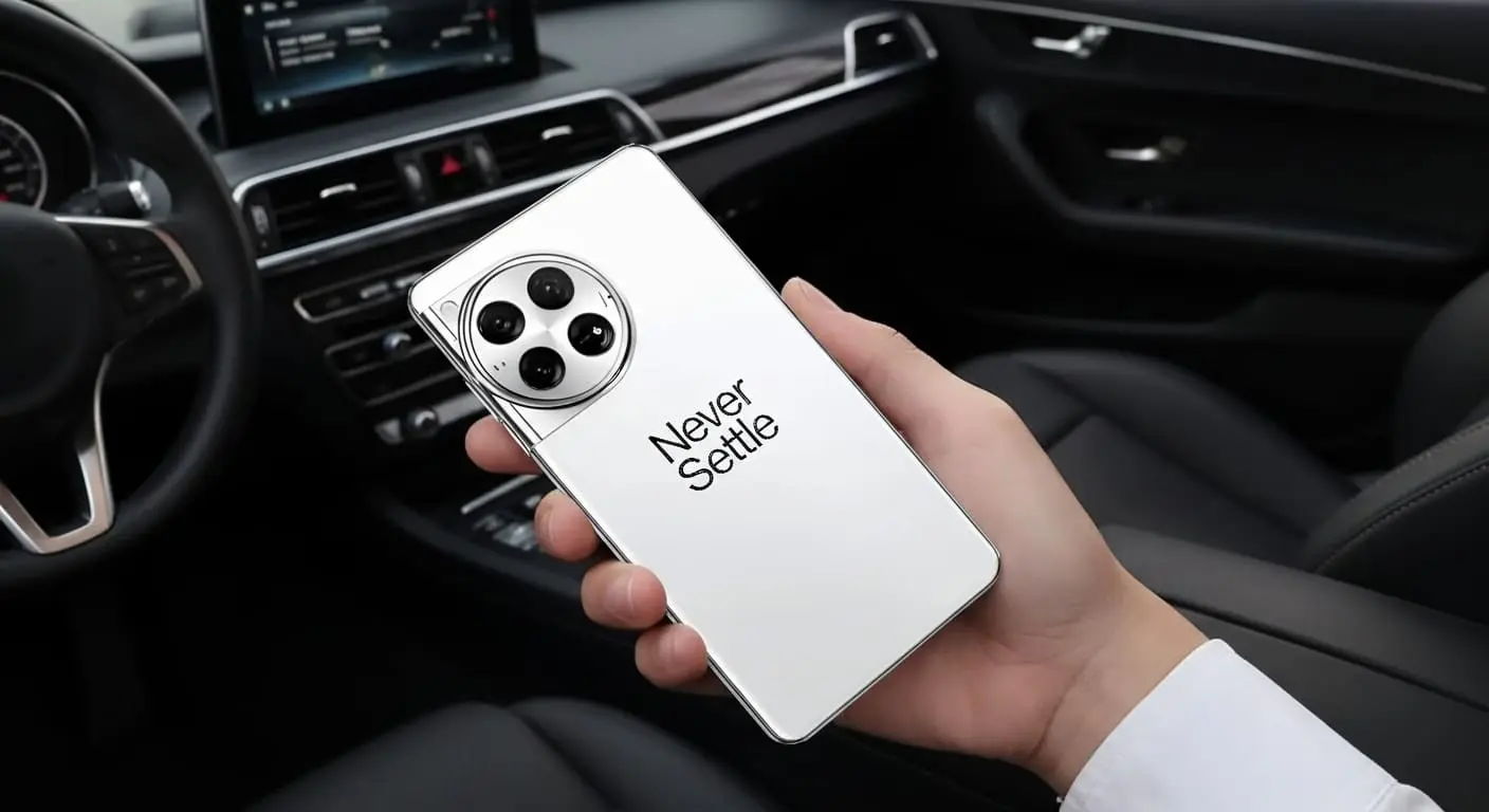 OnePlus 12 Pro price in Pakistan white color variant held in hand inside luxury car showing Never Settle branding and quad camera setup