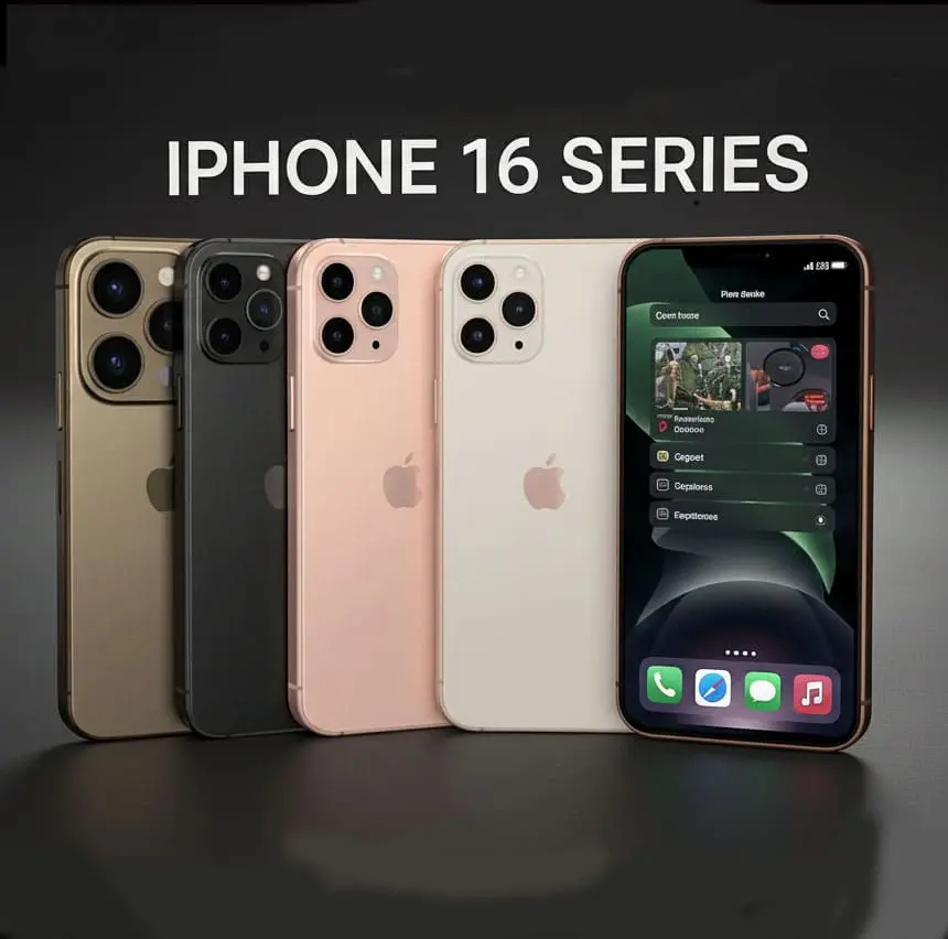 iPhone 16 series complete lineup featuring iPhone 16, iPhone 16 Plus, iPhone 16 Pro, and iPhone 16 Pro Max in multiple colors including Natural Titanium, Black Titanium, Pink, and White with advanced camera systems