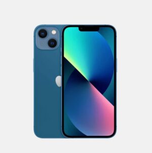 iPhone 13 in blue color showing front and back view with dual camera system and colorful display - PhoneReviewHR.com Pakistan