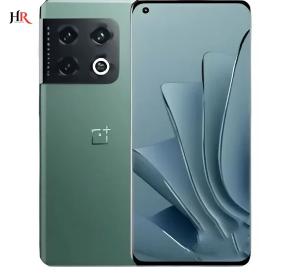OnePlus 10 pro smartphone in sage green color featuring quad camera setup with distinctive circular lens, edge-to-edge display with punch-hole camera, and OnePlus logo on the back