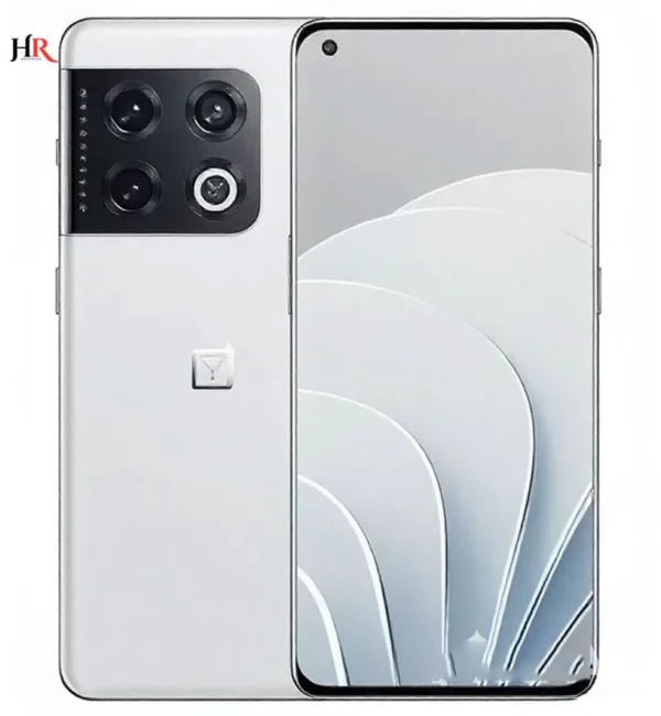 OnePlus 10 pro smartphone in arctic silver white color showcasing quad rear camera module with black camera island, bezel-less display with single front camera, and minimalist design with OnePlus branding