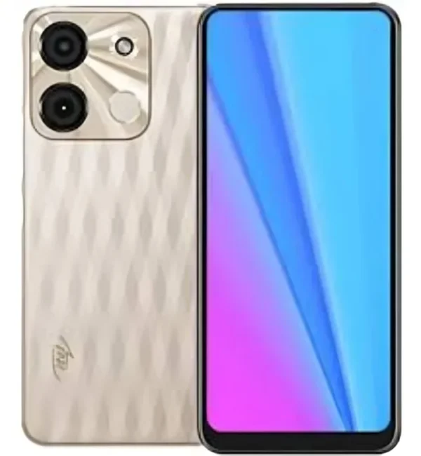itel A60s smartphone in champagne gold color showing dual camera setup and textured back design, available at best price in Pakistan