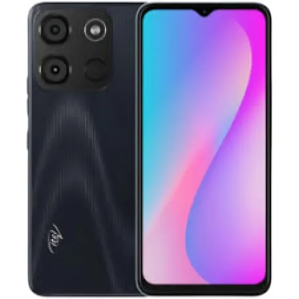 itel A60s smartphone in sleek midnight black color with gradient display and textured back panel, budget-friendly mobile price in Pakistan
