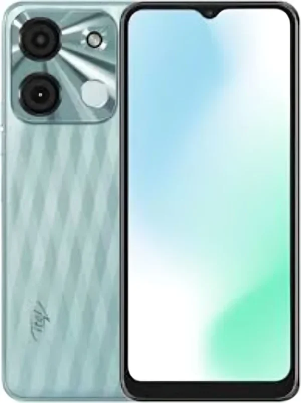 itel A60s mobile phone in sky blue color featuring waterdrop notch display and dual rear cameras, affordable smartphone price in Pakistan